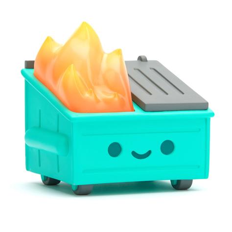A cute Dumpster Fire Vinyl Figure with a fire in it on a white background from 100% Soft.