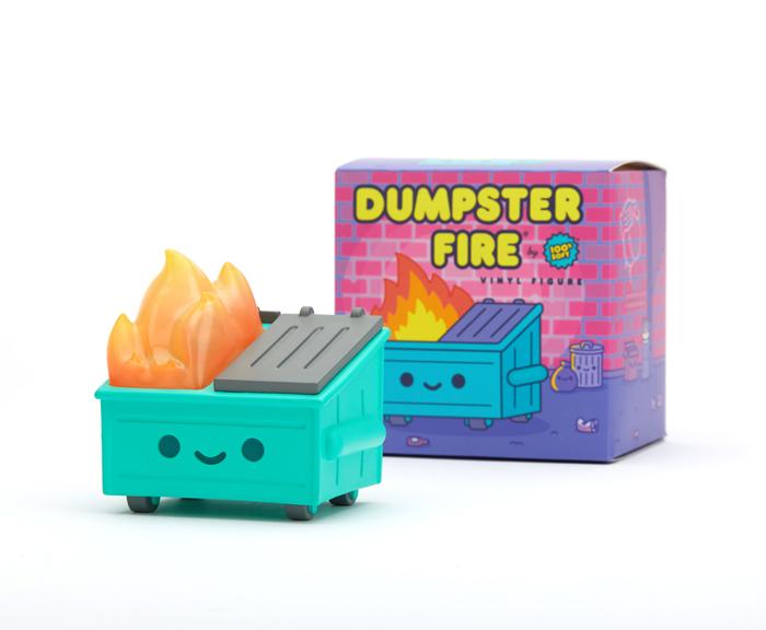 A kawaii Dumpster Fire Vinyl Figure toy featuring the words 