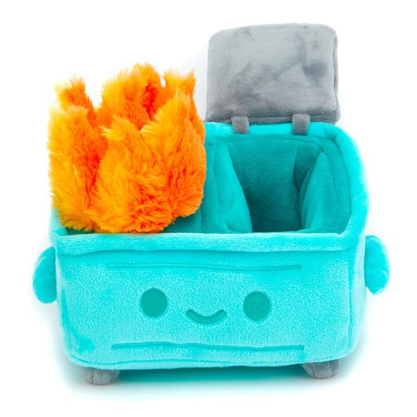 The soft blue Dumpster Fire Plush by 100% Soft has a secret compartment with a fire inside.