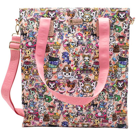 A pink Kawaii Confections tote bag with cute cartoon characters by tokidoki.
