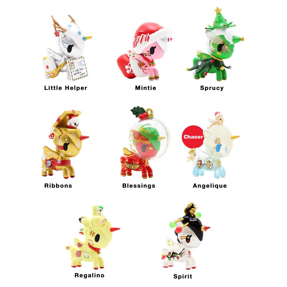 These small figurines from the tokidoki Holiday Unicorno Series 3 Blind Box have different names on them.