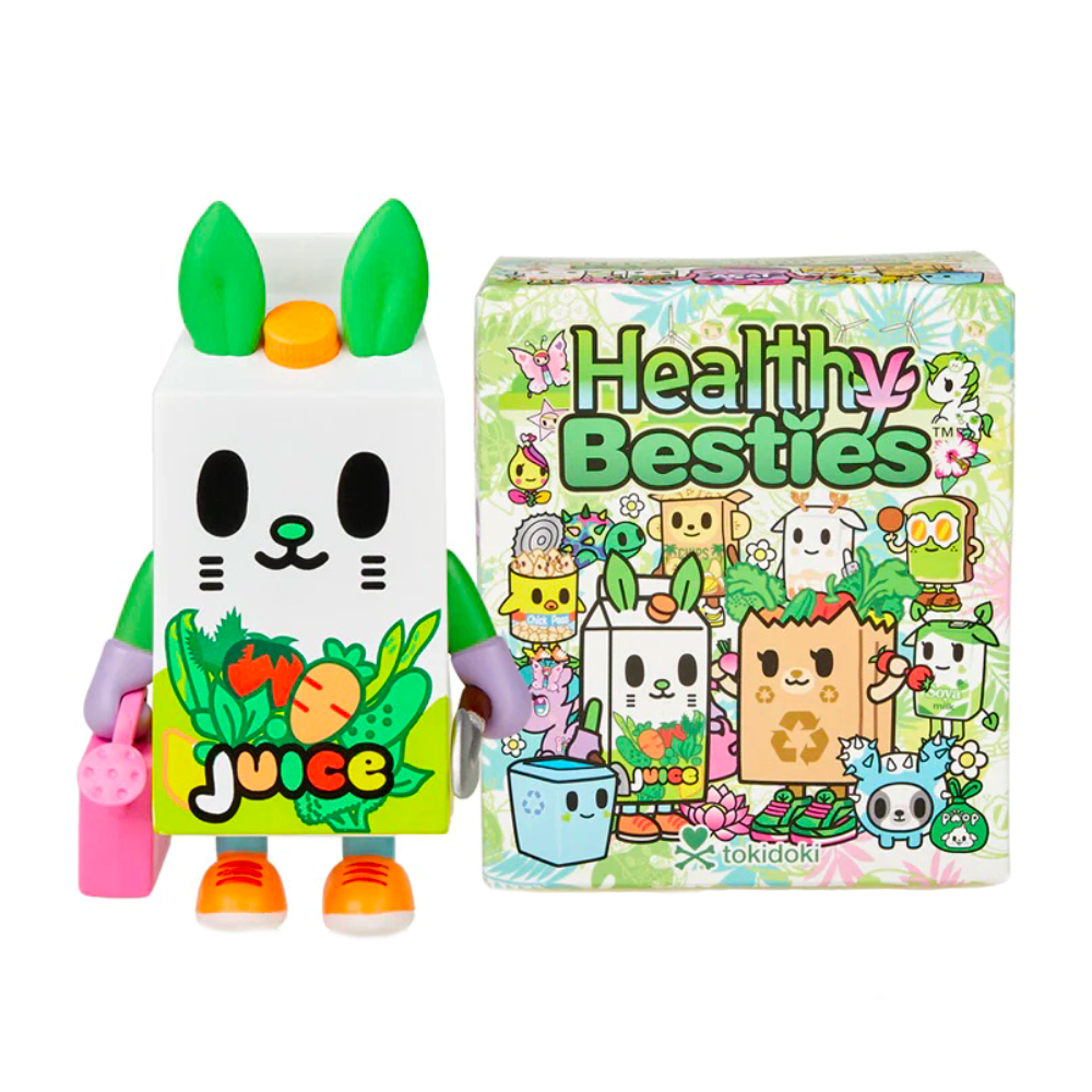 Healthy besties blind box toy by Tokidoki. A cute cat mini figure whose body is made out of a juice container, holding a watering can and a gardening trowel, plus the package for the blind boxed figure.