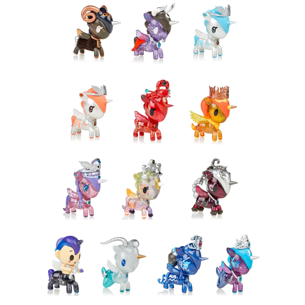 A collection of Tokidoki Zodiac Unicorno Blind Box figurines on a white background.