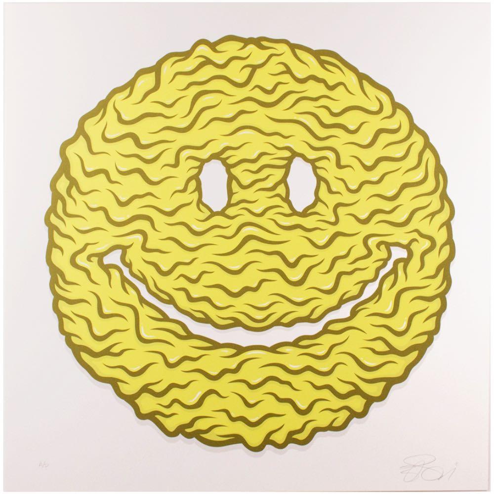 A yellow smiley face on white paper from the Zach Schrey (US) SMILE Print.