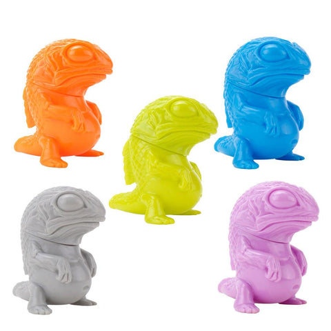 A set of colorful Snybora lizard figurines, perfect for DIY painting projects on a white background by Squibbles Ink + Rotofugi (US).