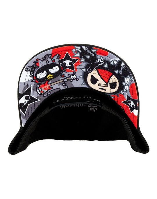 An embroidered Badtz-Maru Rocks snapback hat featuring a cartoon character from tokidoki.