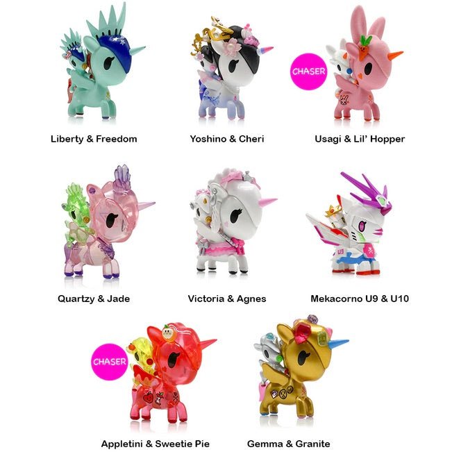 A collection of Unicorno Bambino Series 2 Blind Boxes from the tokidoki brand are displayed on a pink background.