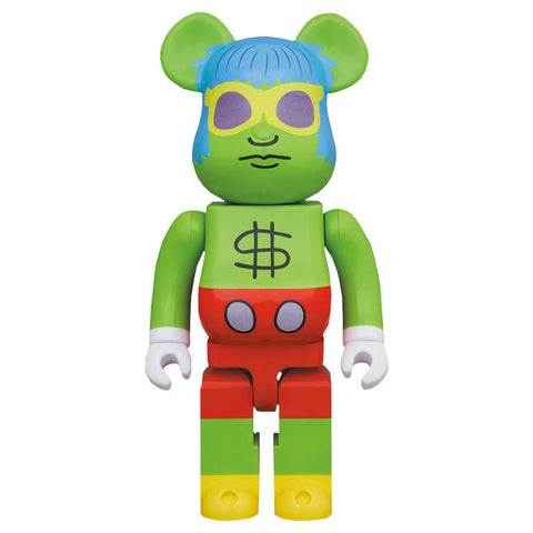 A Keith Haring — Andy Mouse 1000% Be@rbrick figure in a green and blue outfit inspired by Keith Haring.