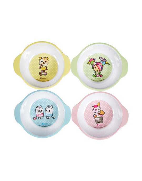 A set of four tokidoki Sweet Cafe Ice Cream Bowls with cartoon characters on them.