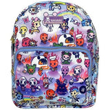 A Naughty or Nice Mini Backpack adorned with colorful cartoon characters from tokidoki.