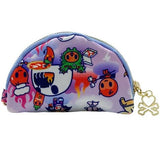 A purple zippered pouch with a skull design, giving it a naughty edge, the Naughty or Nice Half Moon Zip Coin Purse by tokidoki.