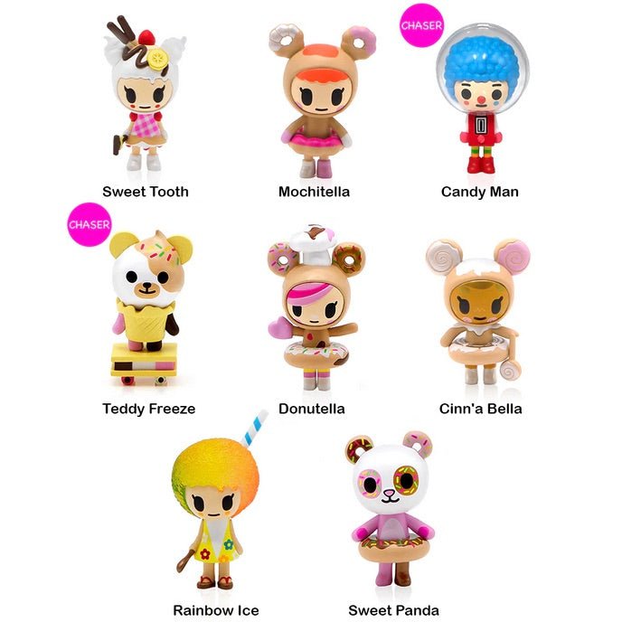 A group of characters with various Donutella outfits from the tokidoki Donutella and Her Sweet Friends Series 4 Blind Box.