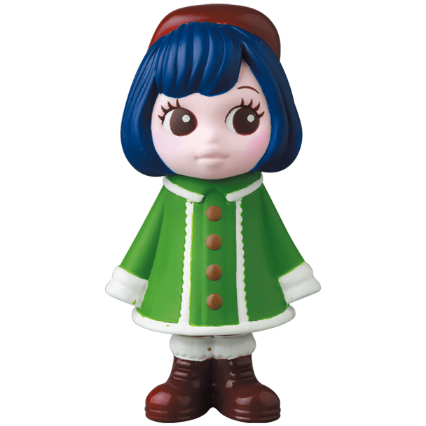 A figurine of a girl with blue hair from the VAG 31 — Uramy and Tsurami series, dressed in a green coat by Medicom (JP).