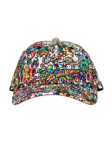 A hat with many different cartoon characters on it, perfect for fans of tokidoki Groovy Day Out Snapback.