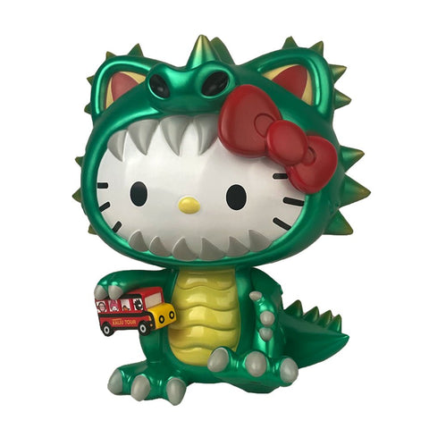 Cute Hello Kitty Kaiju 8" Figure - Metallic Green with a green dragon holding a bus by Kidrobot (US).