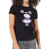 A woman wearing a Holographic Kitty Women's Tee by Tokidoki x Hello Kitty featuring Donutella.