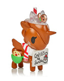 A tokidoki Unicorno Holiday Series 4 Blind Box reindeer holding cookies for Santa is with a sign.