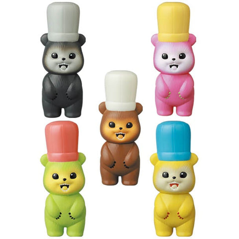 A collection of VAG Series 28 — Koguma Kekiyasan vinyl toy bears wearing hats in various colors by Medicom (JP).