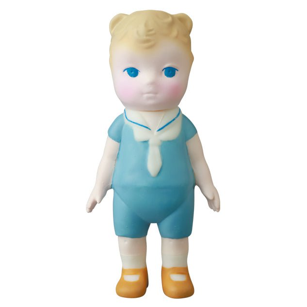 A blue doll with blue eyes designed by Japanese vinyl toy artists. 
Product Name: VAG 30 — Kumamimichan
Brand Name: Medicom (JP)