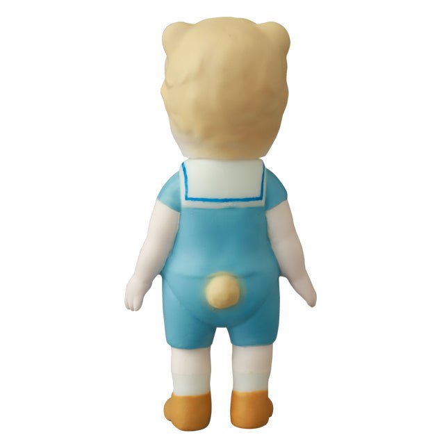 A toy bear wearing a blue outfit, possibly from Medicom's VAG 30 — Kumamimichan vinyl artist.