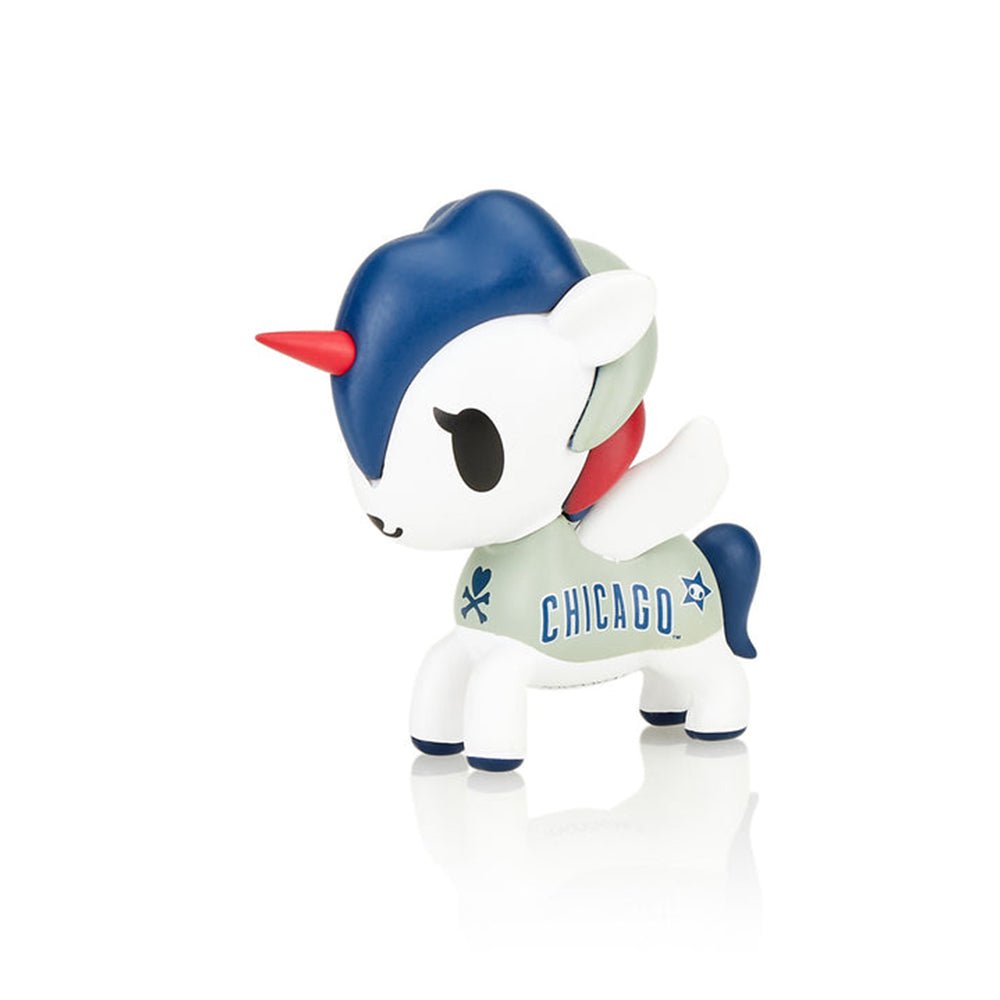 A tokidoki x MLB Chicago Cubs Unicorno 2022 toy with a Chicago Bulls logo.
