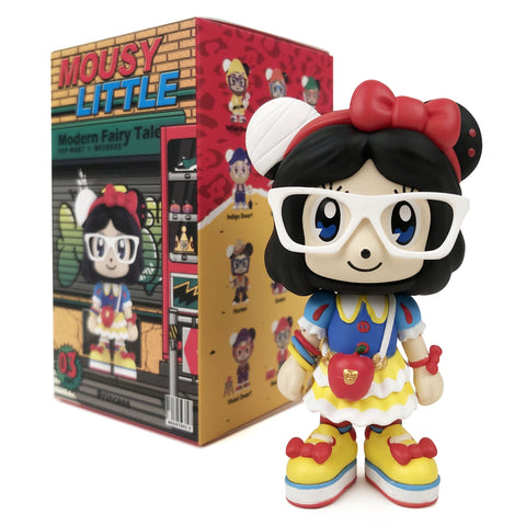 This figure depicts a girl in glasses and a hat, standing in front of a Mousy Little — Modern Fairy Tale Blind Box. Created by the popular fashion brand Pop Mart (CN).