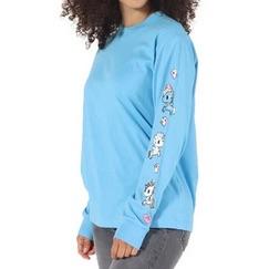 A woman wearing a blue Pearly Pony Unisex Long Sleeve Tee by tokidoki.