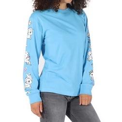 A woman wearing a blue Pearly Pony Unisex Long Sleeve Tee with Unicorno graphics by tokidoki.