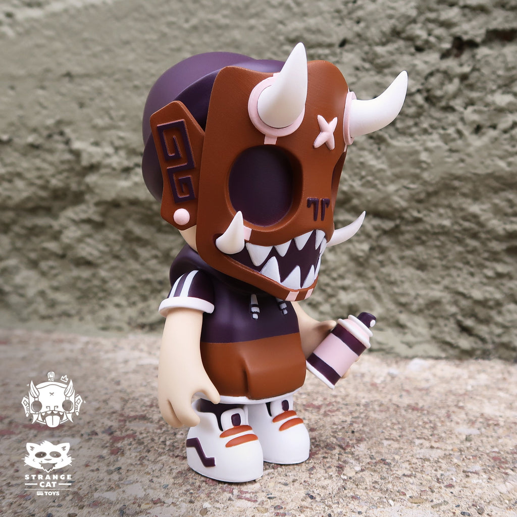 A limited edition vinyl figure of a goblin with horns and helmet, the Puck Little Painter — Sand Walker by Strangecat Toys.