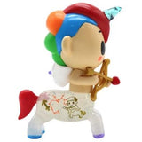 An optimistic tokidoki Sagittarius Zodiac Unicorno toy with a bow and arrow.