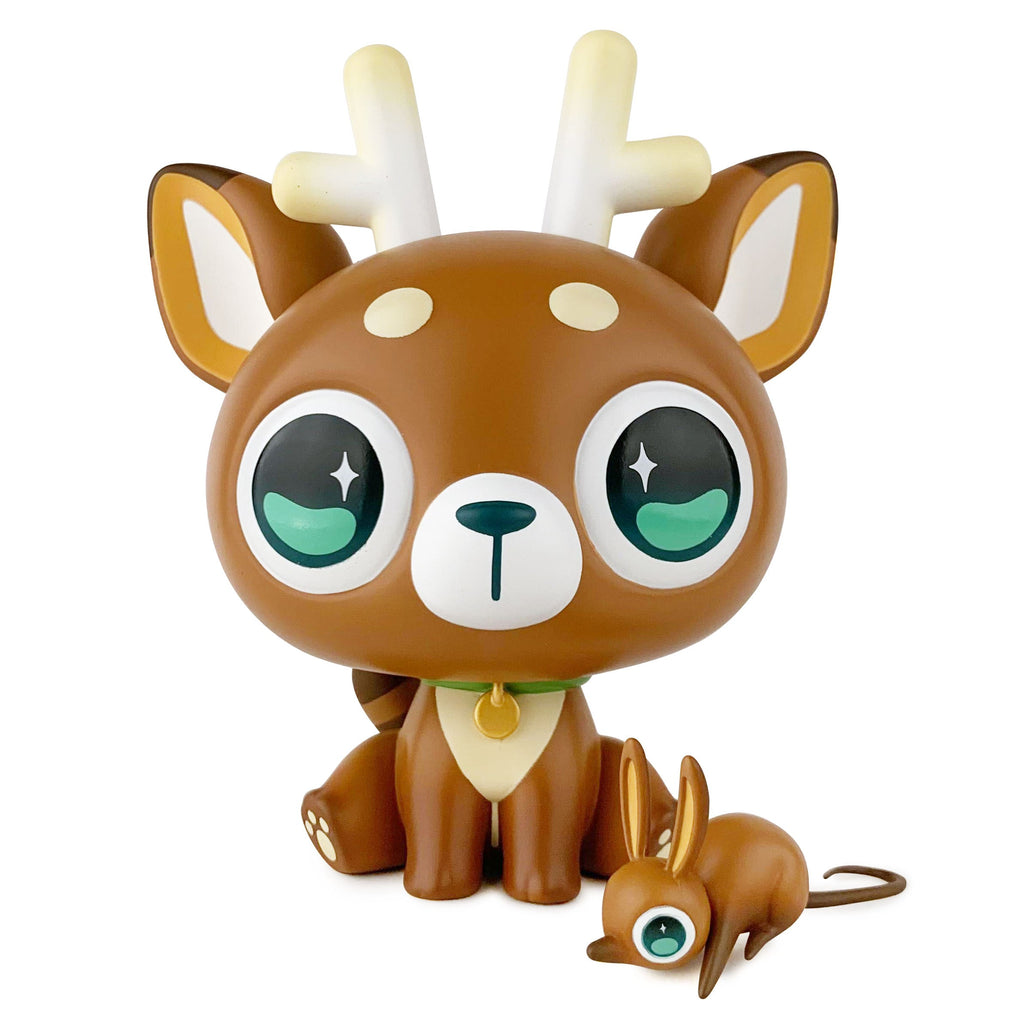 A DeerCat & Friends toy reindeer with green eyes and a mouse next to it. Brand Name: Strangecat Toys (US)