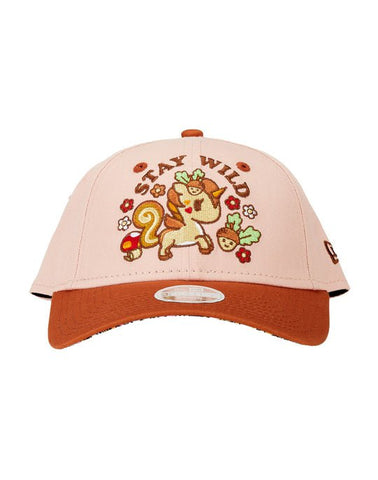 A pink tokidoki Stay Wild Snapback hat with an adjustable strap features an image of an animal on it.