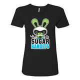 A women's black Sugar Bandits Coltrane Tee designed by Veggiesomething and produced by Squibbles Ink + Rotofugi (US).