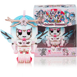 A tokidoki limited edition Tokimondo Series 2 Sakura Samurai figure in a pink and blue outfit stands in front of a box.