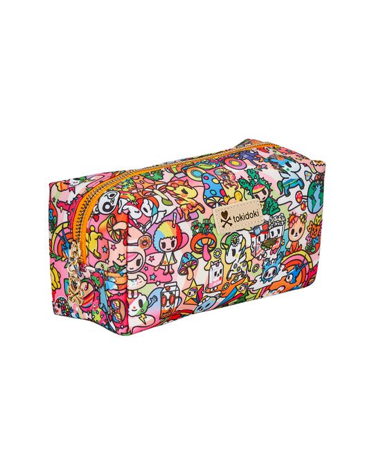 A colorful Stay Groovy Boxy Cosmetic Case with cartoon characters, perfect for storing art supplies by tokidoki.