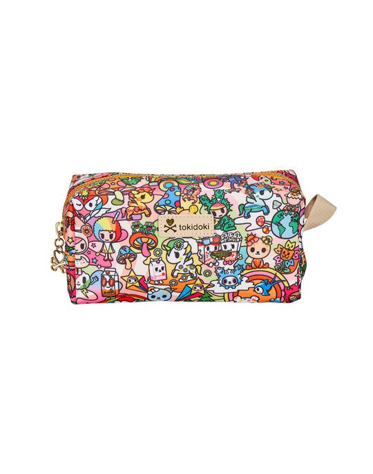 A colorful toiletries bag with tokidoki characters.