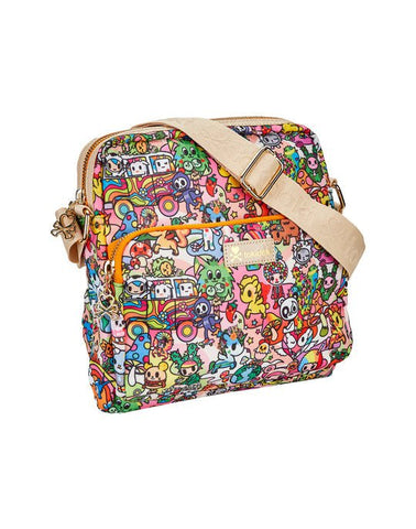 A colorful Stay Groovy Crossbody messenger bag with a shoulder strap by tokidoki.