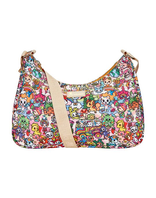 A colorful shoulder bag with tokidoki characters on it.