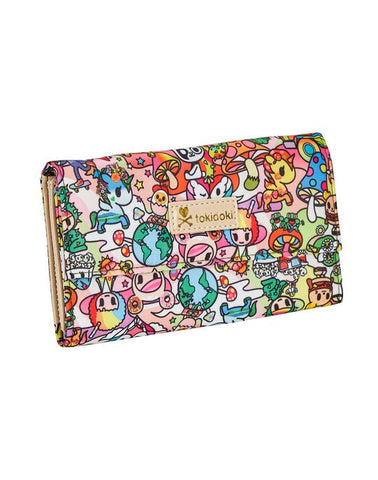 A colorful wallet with Stay Groovy Long Wallet characters on it.