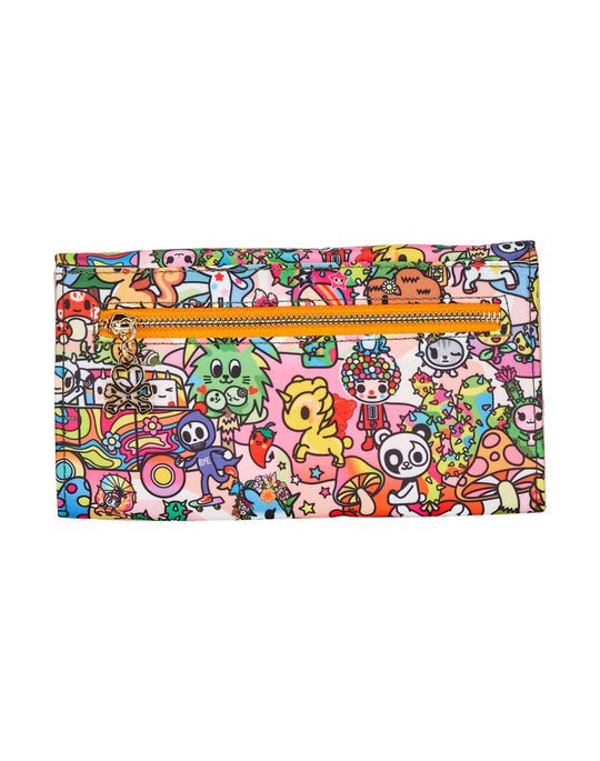 A vibrant Stay Groovy Long Wallet featuring various cartoon characters by tokidoki.