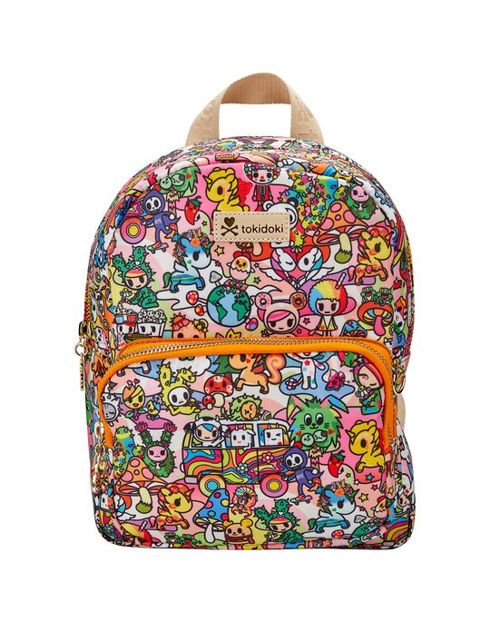 A colorful Stay Groovy mini backpack by tokidoki with adjustable straps.