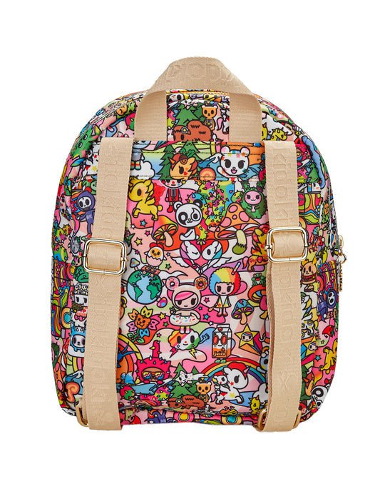 A colorful Stay Groovy mini backpack with tokidoki characters and adjustable straps.