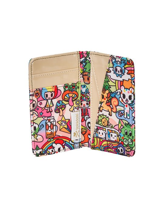 A colorful Stay Groovy Small Fold Wallet with kawaii characters from tokidoki on it.