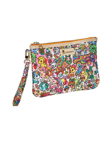 A colorful Stay Groovy Zip Pouch Wristlet featuring Tokidoki characters, perfect for a night out.