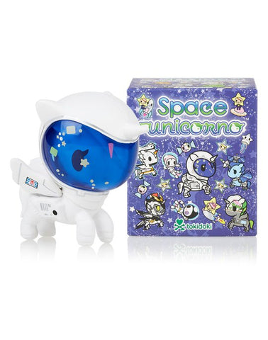 A white toy with a space theme inspired by tokidoki's Space Unicorno Blind Box.
