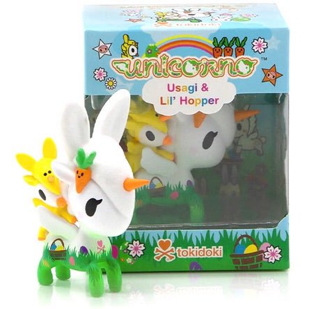 This adorable collectible Usagi and Lil' Hopper Easter Unicorno plush toy is also known as Lil' Hopper by tokidoki.