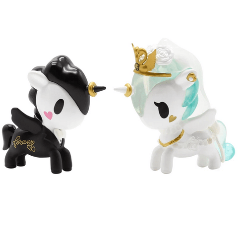Valentine's Day gift featuring two tokidoki Unicorno Valentine 2-Pack figurines - a unicorn and a tiara.