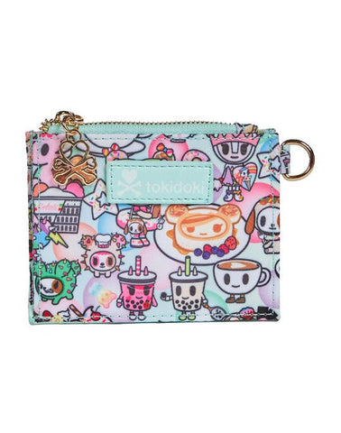 A colorful Tokidoki Sweet Cafe Zip Card Wallet with kawaii characters on it.