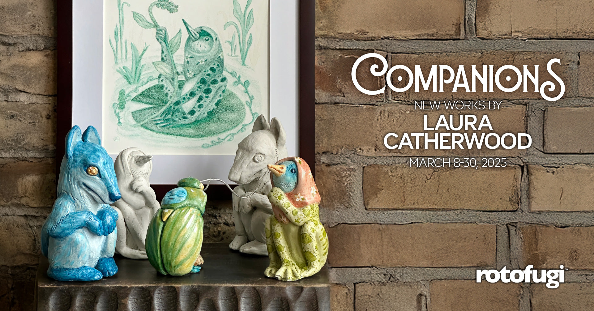 Companions by Laura Catherwood - image of three concrete sculptures of animals in front of a hybrid bird/frog drawing and a brick wall