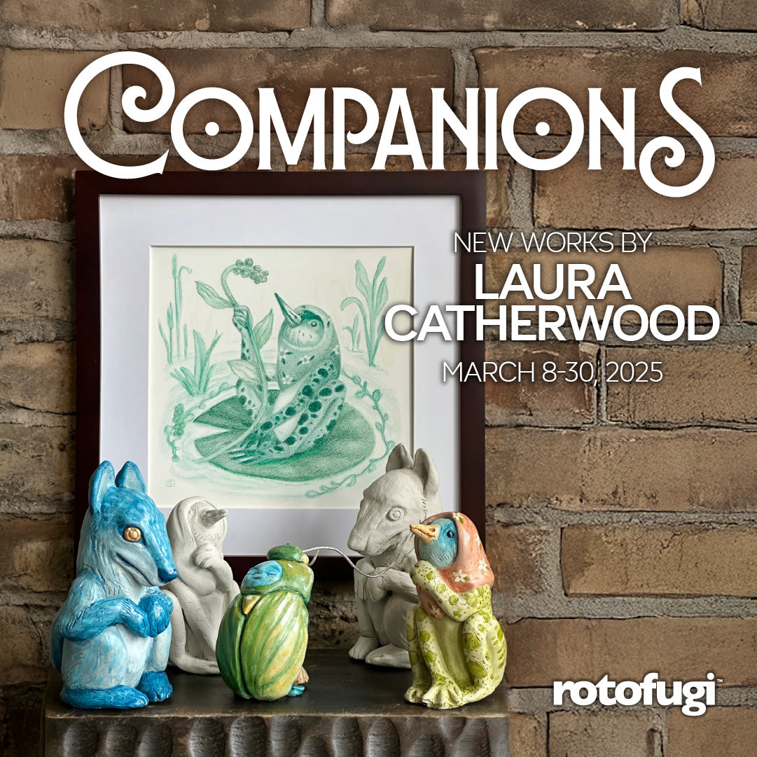 Companions by Laura Catherwood - image of three concrete sculptures of animals in front of a hybrid bird/frog drawing and a brick wall